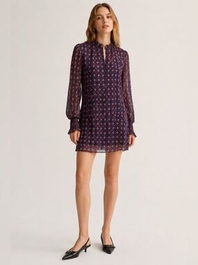 Highline Collective Geometric Print Ruffled Collar Chiffon Sheer Sleeves Dress